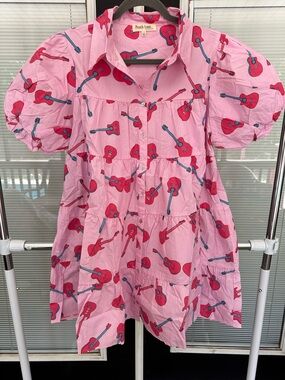 Size L Peach Love Pink Guitar Print Puff Sleeve Short Dress. NWOT!  So cute!